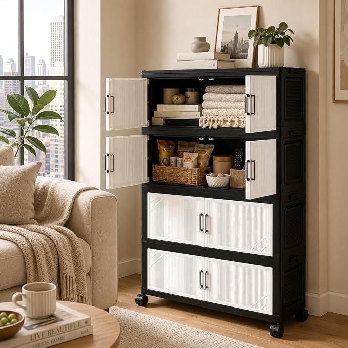 5 Tier Foldable Storage Cabinet with Top Lid, Tall Mobile PP Storage Organizer with Magnetic Doors and Wheels, Space-Saving Collapsible Organizer for Bedroom Living Room Kitchen Pantry Bathroom - Image 7