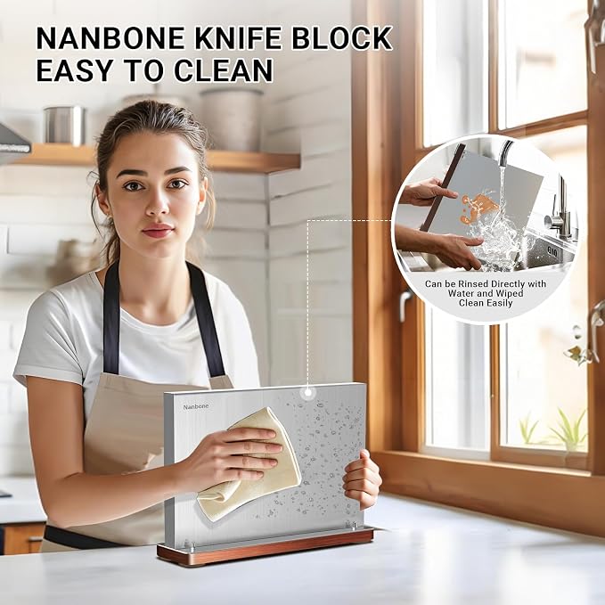 Magnetic Knife Block Stand Without Knives Double Sided Magnetic Knife Holder Rack for Kitchen Counter Stainless Steel Knife Magnetic Strip Display Stand Storage Organizer with Wood Base - Image 5