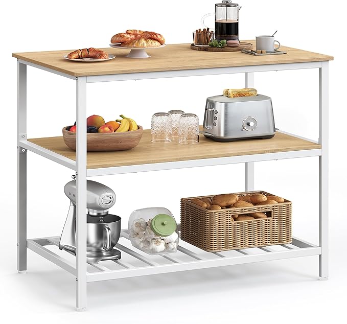 VASAGLE Kitchen Island with 3 Shelves, 39.4 Inches Width Kitchen Shelf with Large Worktop, Stable Steel Structure, Industrial, Easy to Assemble, Oak Color and White UKKI005W09 by Unknown