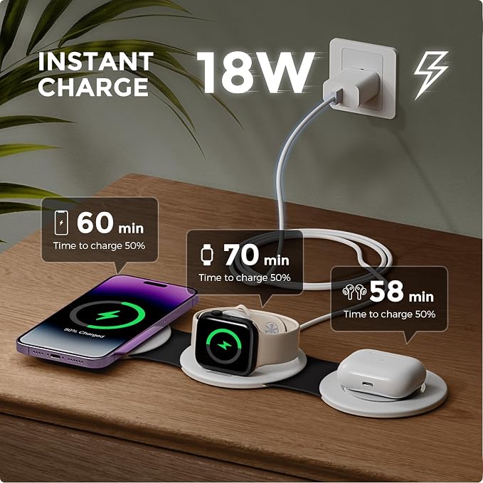 HICOBER 3IN1 Wireless Charging Station for iPhone,Watch,AirPods,Black&White | Charge 3 devices at once, foldable, case-friendly and ready for travel - Image 2