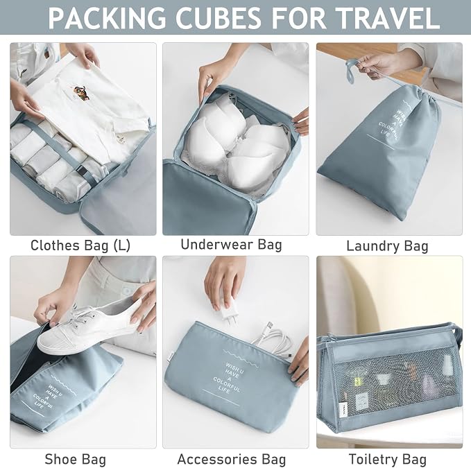 KPX 8 Set Packing Cubes for Travel, Luggage Packing Organizers Accessories Large Toiletries Bag for Clothes Shoes Cosmetics (Grey) - Image 4