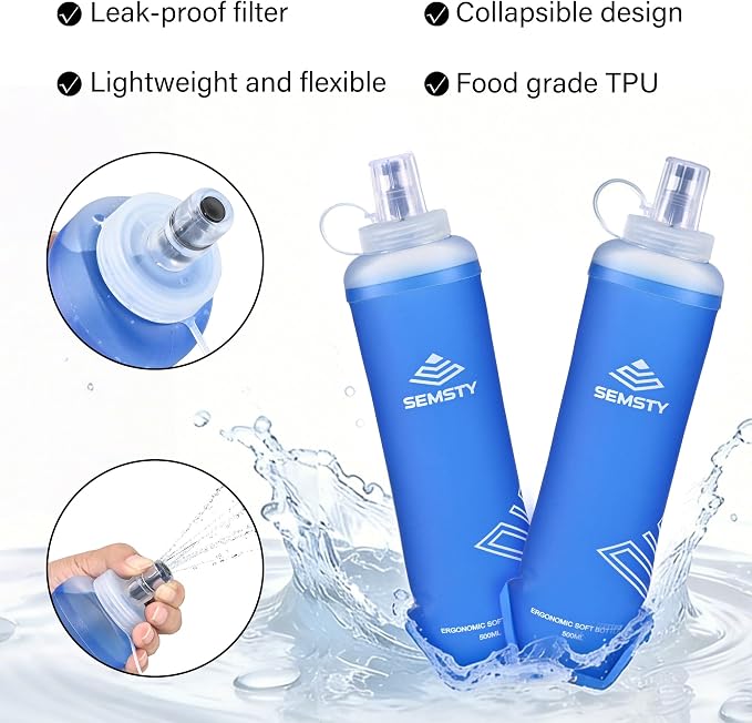 500ml Soft Flask, 2 Pack TPU Collapsible Water Bottle for Running | 17oz Compressible Soft Flask for Hydration Pack & Running Vest, Foldable Water Bottle for Running Hiking Cycling - Image 2