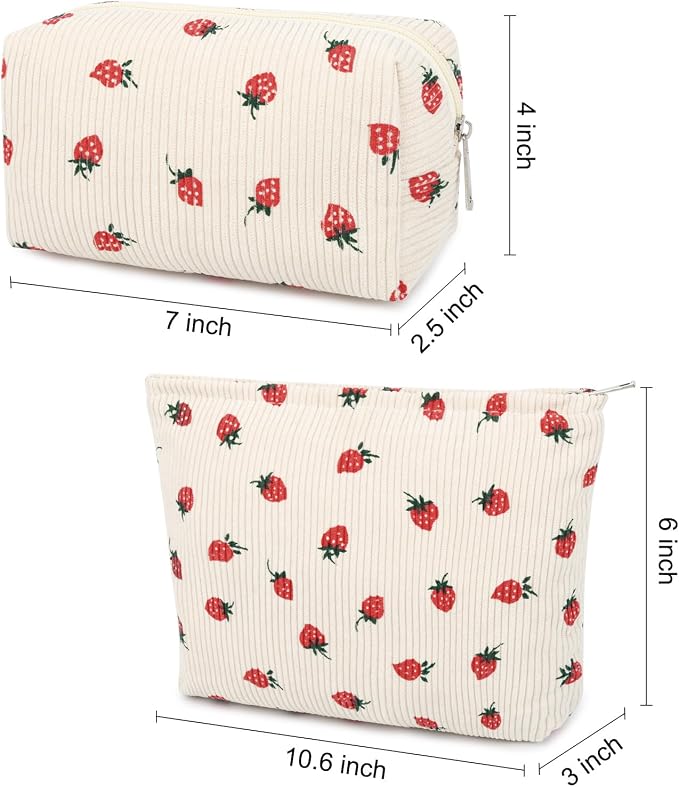 SOIDRAM 2 Pcs Cute Makeup Bag Large Cosmetic Bag Toiletry Bag Makeup Pouch Travel Bag Organizer Cute Makeup Brushes Aesthetic Accessories Storage Bag for Women Strawberry Beige - Image 3