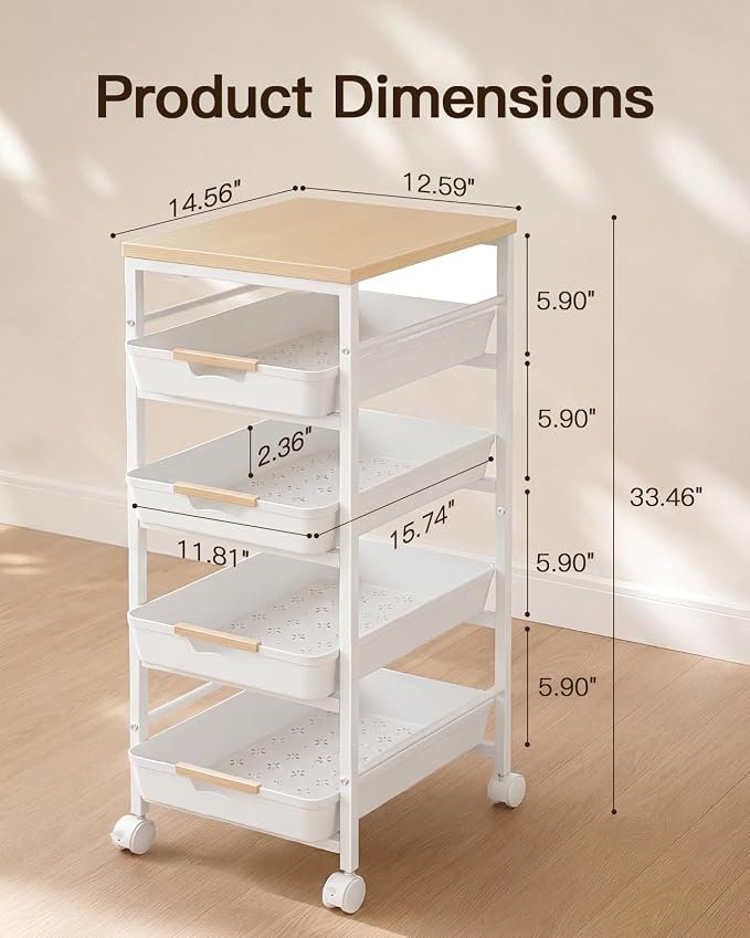 Pipishell Rolling Storage Cart with Drawers & Lockable Wheels, White | 5 Tier Kitchen Cart with Safety Stops & Vented Design, Wood Top, Pull-Out Utility Cart for Kitchen, Home Office, Bedside - Image 6