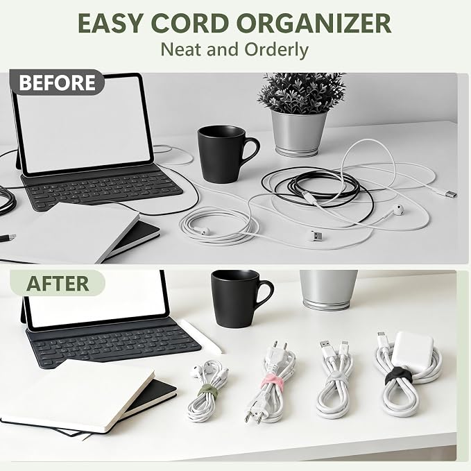 24Pcs Silicone Cable Ties Cord Organizer Cable Management - 4 Colors | Elastic Reusable Cable Straps for Earphone, Phone Charger, Computer Wires, Cap in Home,Office,Kitchen,School,Travel,Hiking - Image 3