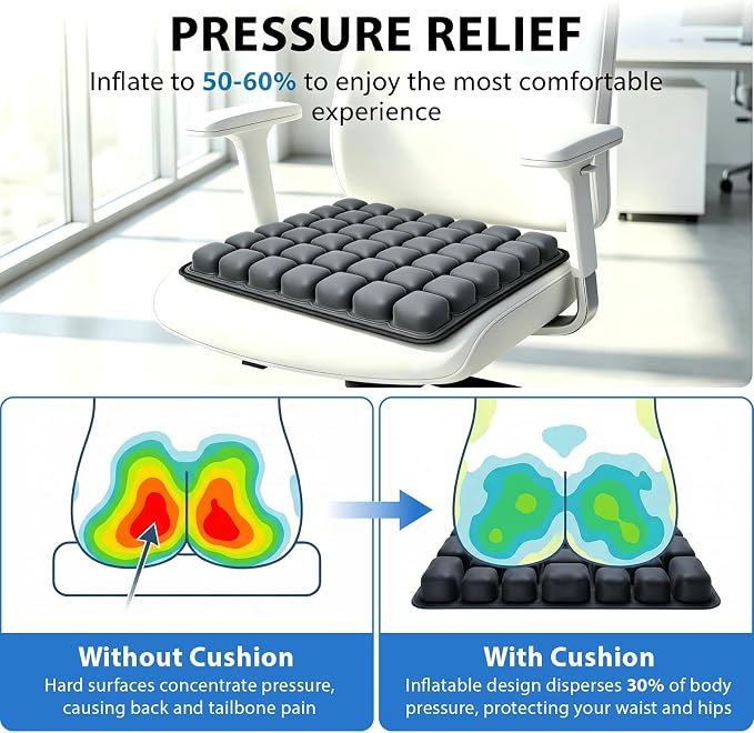 Inflatable Seat Cushion, Pressure Relief Airplane Seat Cushion for Long Flights Without Air Pump, Portable Car Seat Cushions,Office Chair Wheelchair Cushions Relief Discomfort in Coccyx&Buttock - Image 2