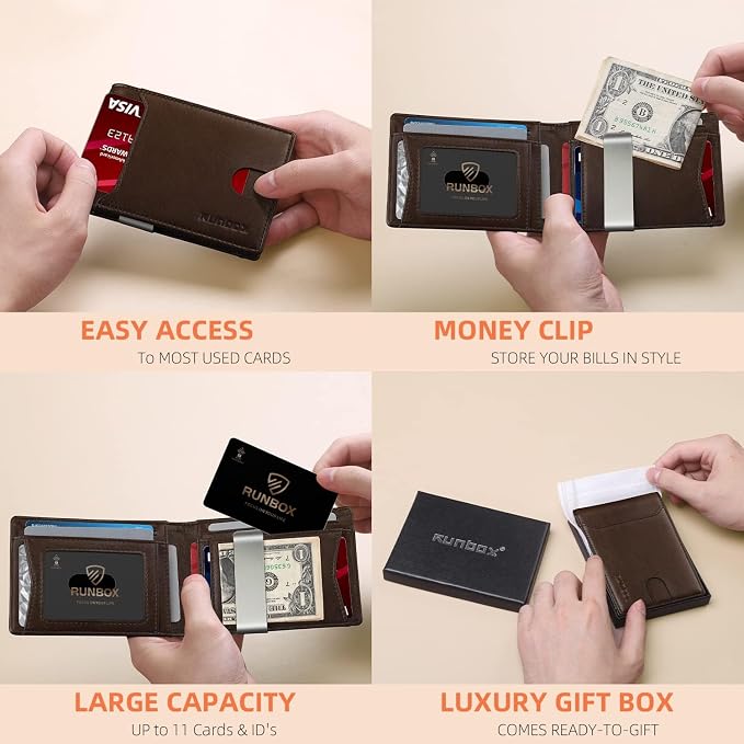 RUNBOX Slim Wallet for Men - RFID Blocking Leather Bifold with Money Clip | Minimalist Front Pocket Wallet Holds 11 Cards,Slim Thin Design,RFID Blocking Protection, Practical Birthday Gifts for Men - Image 2
