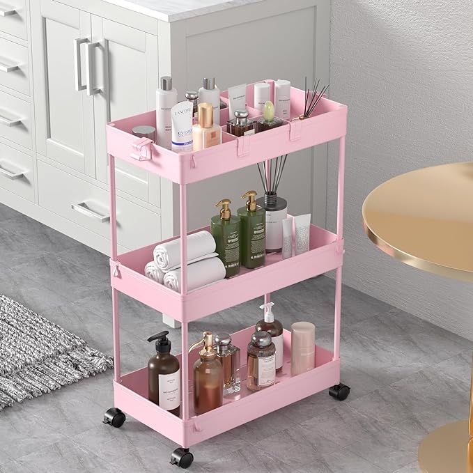 3 Tier Rolling Cart with Wheels, Storage Craft Art Trolley Organizer Serving, 3 Hanging Baskets Easy Assembly, for Office, Living Room, Kitchen, Pink by Home