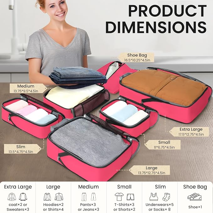 BAGAIL 4 Set/6 Set/8 Set Compression Packing Cubes Travel Accessories Expandable Packing Organizers (Half Mesh, 6-Fuchsia) - Image 2