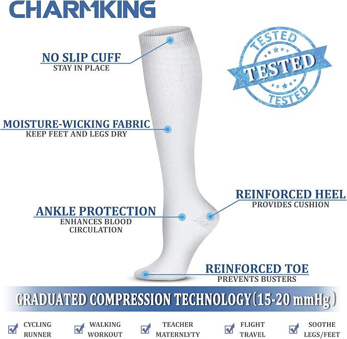 CHARMKING Compression Socks for Women & Men Circulation (8 Pairs) 15-20 mmHg Best Calf Socks Support for Athletic Cycling - Image 4