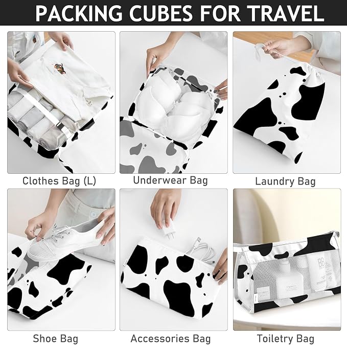 KPX 8 Set Packing Cubes for Travel, Luggage Packing Organizers Accessories Large Toiletries Bag for Clothes Shoes Cosmetics (Cow) - Image 4