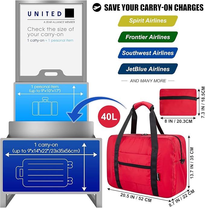 Duffle Bag for Travel Foldable Personal Item Travel Bag, 40L, Red | Carry On Duffel Bag Women Men Frontier Airlines Personal Item Bag Hospital Weekend Overnight Trips - Image 2