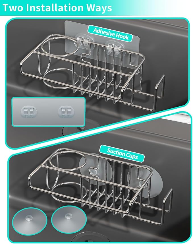 HapiRm Sink Caddy Sponge Holder - No Drill Sponge Caddy for Kitchen, Rustproof and Waterproof Kitchen Sink Organizer - Silver（2-Pack） - Image 3
