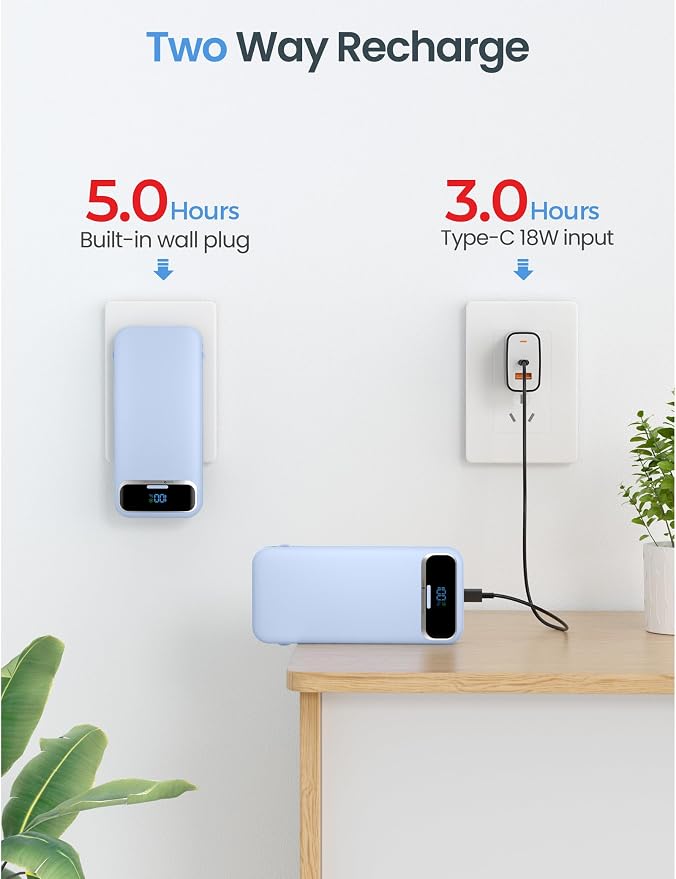 aonidi Portable Charger 12000mAh with Built-in Cables&AC Wall Plug, Blue | PD20W USB C Fast Charging,LED Display External Travel Power Bank,TSA approved Battery Pack for All iPhone,Samsung,Android - Image 7