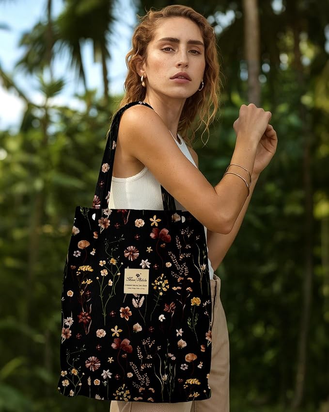 Miss Adola Corduroy Tote Bag for Women with Aesthetic Design | Magnetic Buckle & Pocket, Reusable, Soft, Roomy, Long Shoulder Handles, Double-sided Print, Casual Daily Work, Grocery Bags - Image 3