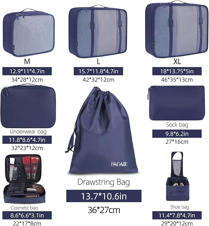 BAGAIL 8 Set Packing Cubes Luggage Packing Organizers for Travel Accessories-Indigo - Image 2