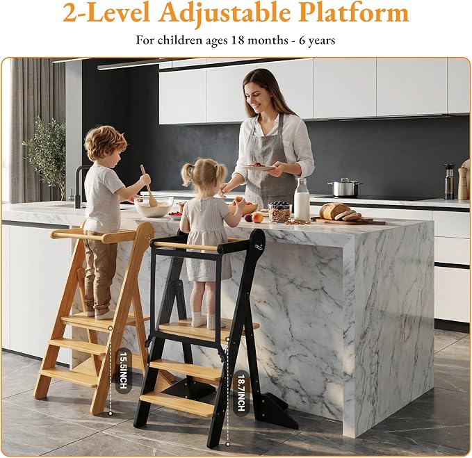 COSYLAND Toddler Standing Tower Foldable Toddler Kitchen Step Stool | Adjustable Height Folding Step Stool for Kids Learning, Cooking - Ages 18 Months-6 Years with Safety Net Natural & Charcoal - Image 3