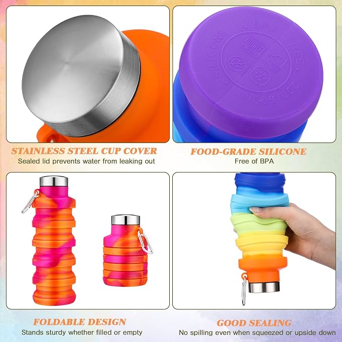 Sunnyray 20 Pack Collapsible Water Bottles Bulk Foldable Water Bottles 17oz Silicone Portable Leak Proof Reusable Sports with Clip for Travel Hiking Camping Outdoor (Tie-dye) - Image 4