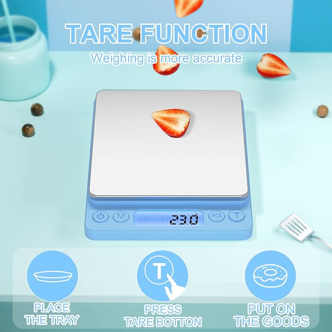 Digital Food Scale for Food Ounces and Grams，YONCON 3000g/0.1g Accuracy Multifunctional Kitchen Scale for Cooking, Baking | Small Size for Easy Storage | 2 Trays，Tare Function - Image 5