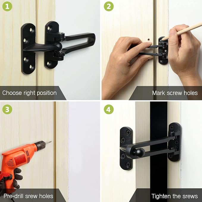 Door Lock Latch Swing Bar Door Guard Latch Home Hotel Lock Black | SUS-304 Stainless Steel Door Chain Lock Gate Reinforcement Swing Latch for Hinged Swing-in Front & Inside Door Fence Security - Image 5
