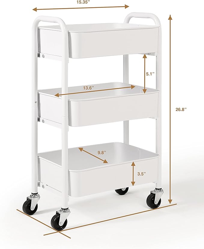 SunnyPoint 3-Tier Delicate Compact Rolling Metal Storage Organizer - Mobile Utility Cart Kitchen/Under Desk Cart with Caster Wheels - WHT (15.35" X 10.24" X 26.8"H) - Image 6