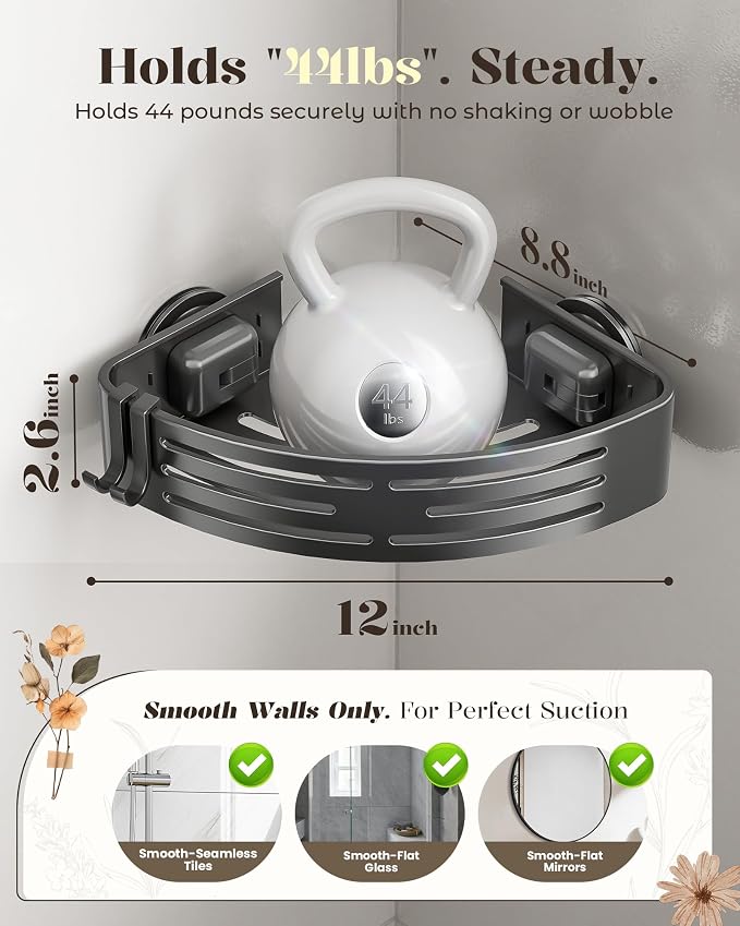 Corner Shower Caddy Suction Cup,Shower Shelves with Hooks,No Drilling Powerful Suction Bathroom Organizers and Storage,Removable Waterproof Rustproof Shower Bathroom Accessories Decor(Grey 2Pack) - Image 3