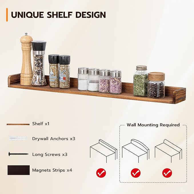 Fun Memories Stove Top Shelf, 30" Magnetic Shelf for Kitchen Stove, Pine Wood Stove Shelves, Wall Mounted Shelves for Home Storage Organization, Heat and Pressure Resistant, 1pcs, Dark Brown - Image 6