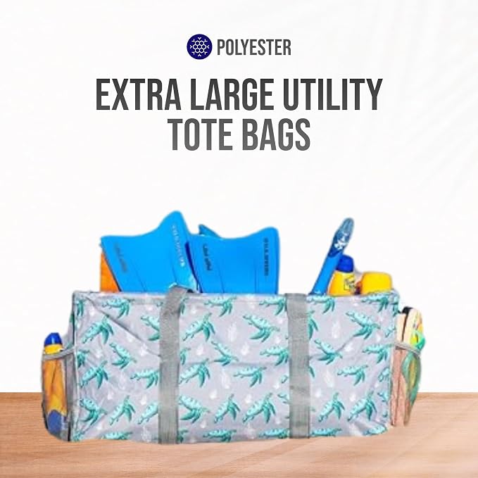 Extra Large Utility Tote Bag - Oversized Collapsible Reusable Wire Frame Rectangular Canvas Basket With Two Exterior Pockets For Beach, Pool, Laundry, Car Trunk, Storage - Turtle - Image 7
