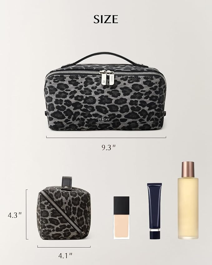 EACHY Travel Makeup Bag for Women, Flat Open Leopard Print Cosmetic Bag | Leopard-print PU leather cosmetic bag opens flat with dividers and clear TPU brush pocket for makeup and travel essentials - Image 5