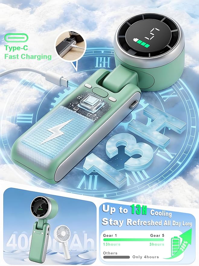 Portable Handheld Turbo Fan, 5 Gear Wind, Battery Operated, Up to 13 Working Hours Rechargeable Fan, 3 IN 1 Hand Fans with Air Turbo Tech Cooling Fan for for Travel, Beach, Outdoor - Green - Image 5