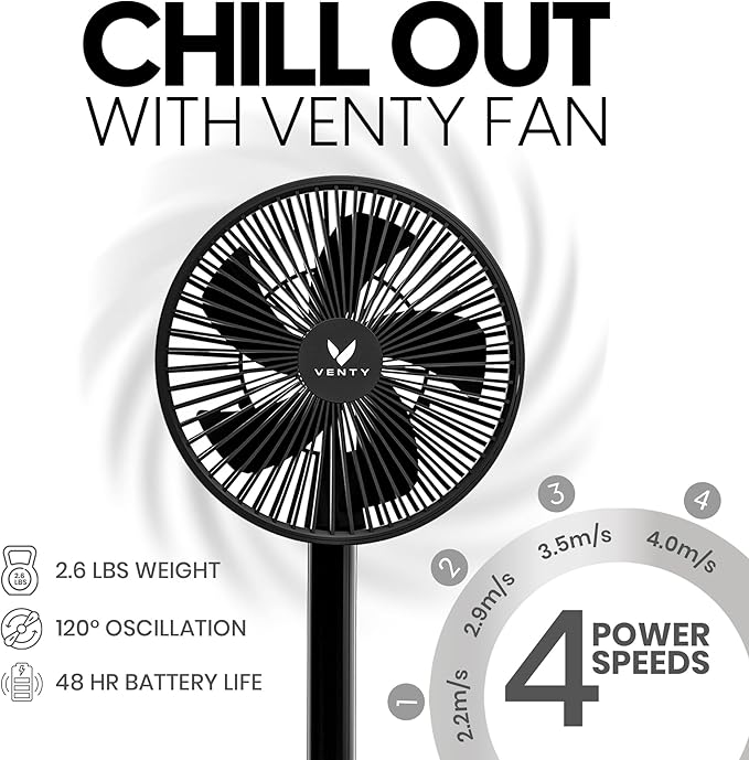 VENTY Portable Fan - Wireless Battery Operated Fan - 4 Speeds - LED Lighting - Carry Case & Remote Control - Cruise Travel - Outdoor Travel RV Power Bank With USB-C Port (Black with Case) - Image 2