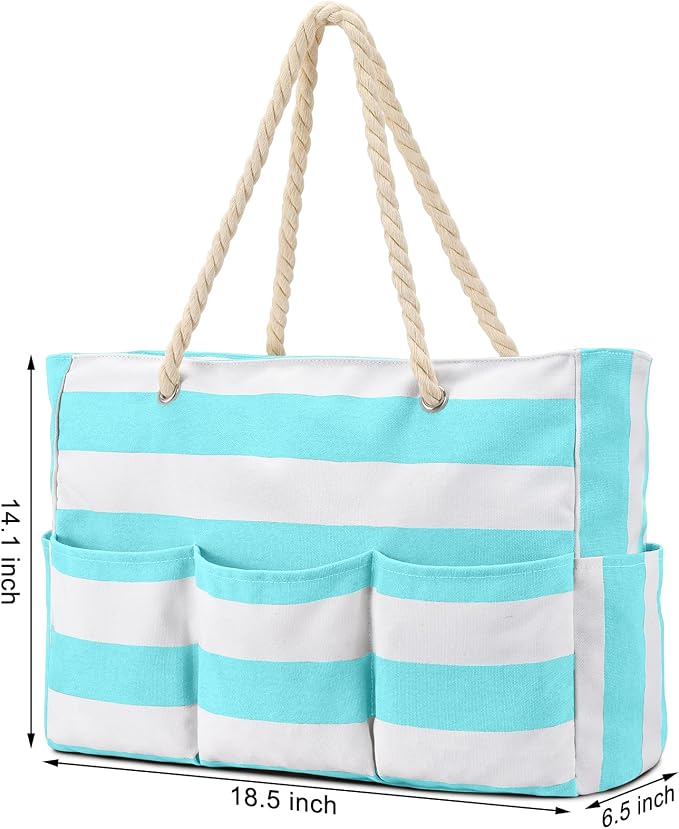 Becokan Beach Bags for Women Canvas Large Beach Tote Bag Zipper Waterproof Sandproof Foldable Swim Pool Bag with 7 Pockets - Image 6
