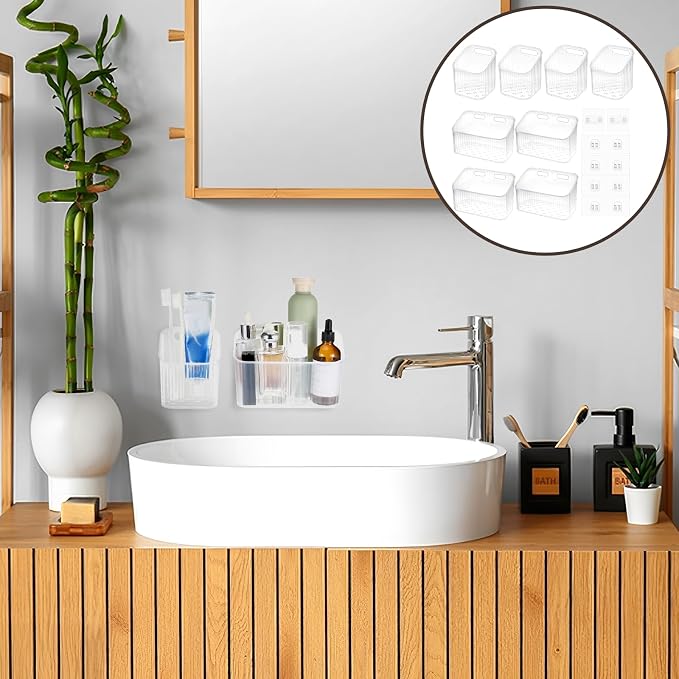 Clear Wall Basket, Wall Mounted Storage Bins, 8 Pcs | Plastic Cabinet Door Organizer Shower Caddy with Self-Adhesive Hanger, Containers Box for Bathroom Kitchen Pantry Countertop - Image 6