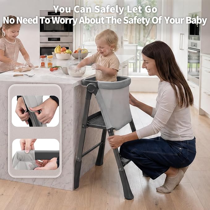 Foldable Toddler Standing Tower,Kitchen Helper Stool for Kids 1.5-6 Years | Safety Rail & Net Foldable Design Non-Slip Stable Easy Clean Portable Space Saving Storage Quick Assembly Montessori Black - Image 6