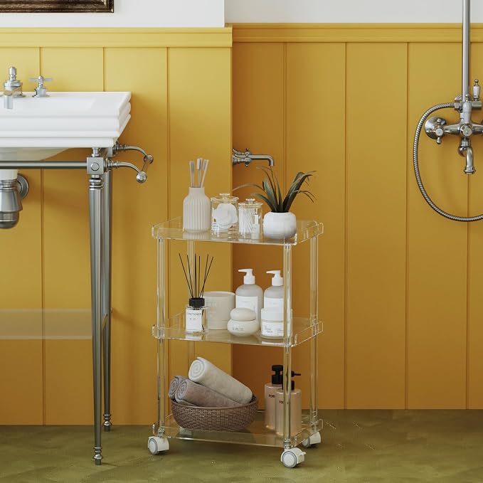 AQUIVER Acrylic 3 Tier Rolling Storage Cart - Small Utility Cart Organizer | Mobile Storage Cart Small Utility Cart for Bathroom, Laundry, Living Room, with Lockable Wheels, 15.6" L × 10.2" W × 23.6" H - Image 6