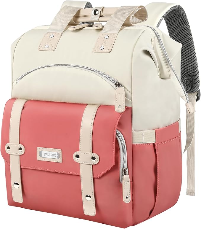 FALANKO Laptop Backpack for Women,Teacher Doctor Nurse Work Purse Bag for 15.6 Inch Laptop, Wide Open backpack With RFID Pocket, Large Water Resistant Travel Backpack White-Pink by FALANKO