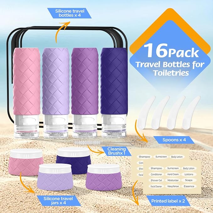 16 Pack Travel Bottles for Toiletries, TSA Approved Travel Size Toiletries Containers Set, BPA-Free Silicone Leak Proof Refillable Bottles Stackable Creams Jars Accessories Kit W/Clear Bag(Purple) - Image 3