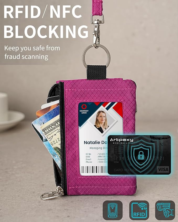 Artpaxy Minimalist Wallet For Mens Womens, Keychain RFID Blocking Zipper Small Wallet with ID Window 2 Lanyards,Water Resistant Travel Cash Card Coin Case Boys Girls - Image 6