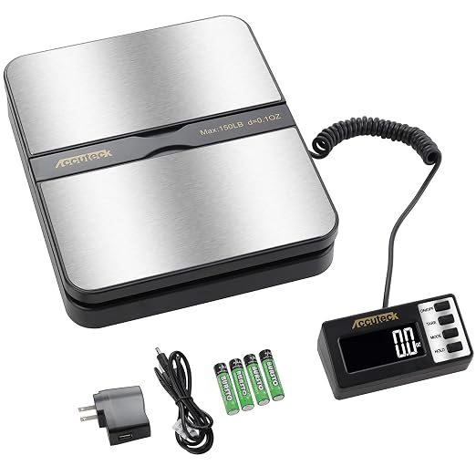 ACCUTECK 8680 High Capacity 150Lbs High Accuracy 0.1OZ Digital Postal Scale with Remote Display, Batteries and USB Cable and AC Adapter Included (Stainless Steel) by ACCUTECK