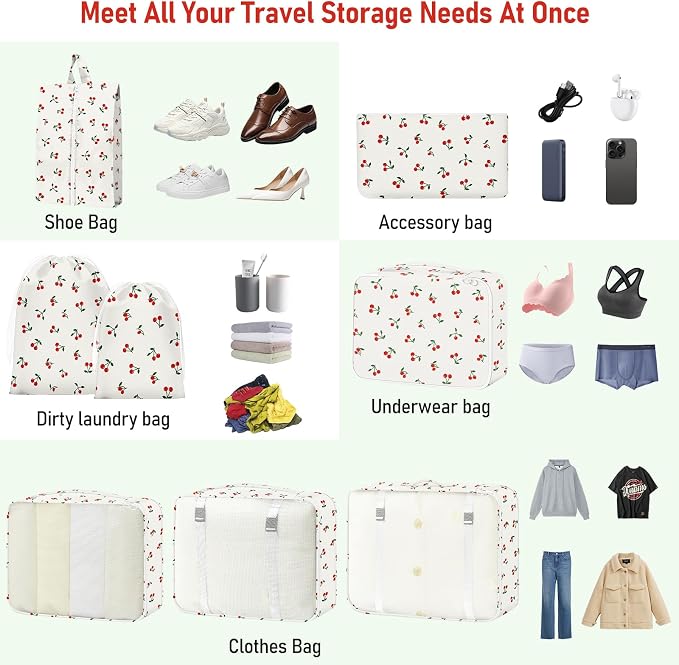 Packing Cubes for Travel - 8 Set Luggage Organizer Bags for Family, Mesh Breathable Packing Cubes for Suitcases Durable Travel Essentials Bags Set (White Cherry) - Image 5