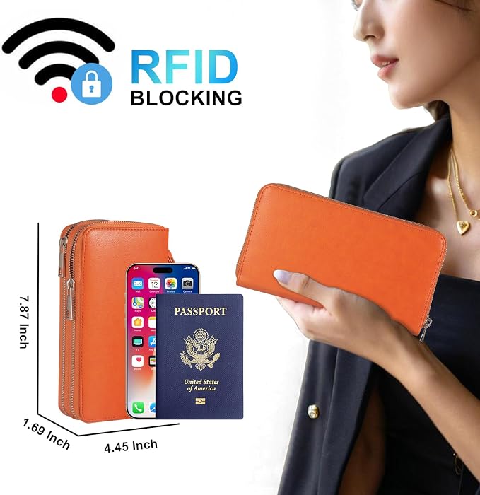 RFID Blocking Cellphone Wallet for Women Dual Zipper Wristlet Large Capacity 17 Card Slots Ladies Travel Clutch Purse with Removable Strap, Orange - Image 2