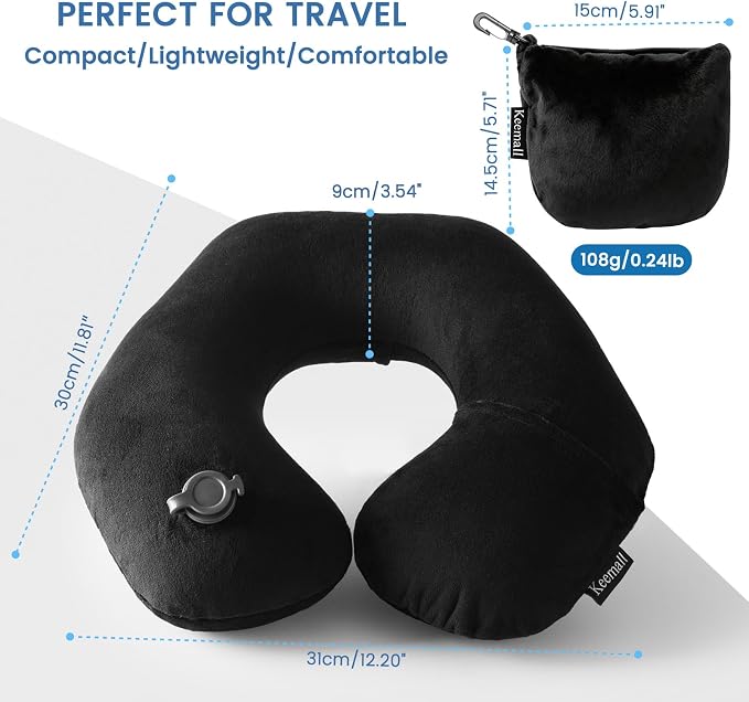 Keemall Inflatable Travel Neck & Shoulder Pillow for Airplanes & Long Trips | Ergonomic Portable Cushion Relieves Neck Pain, Quick Inflation & Deflation,for Long Flights & Business Travel, Premium Black - Image 8