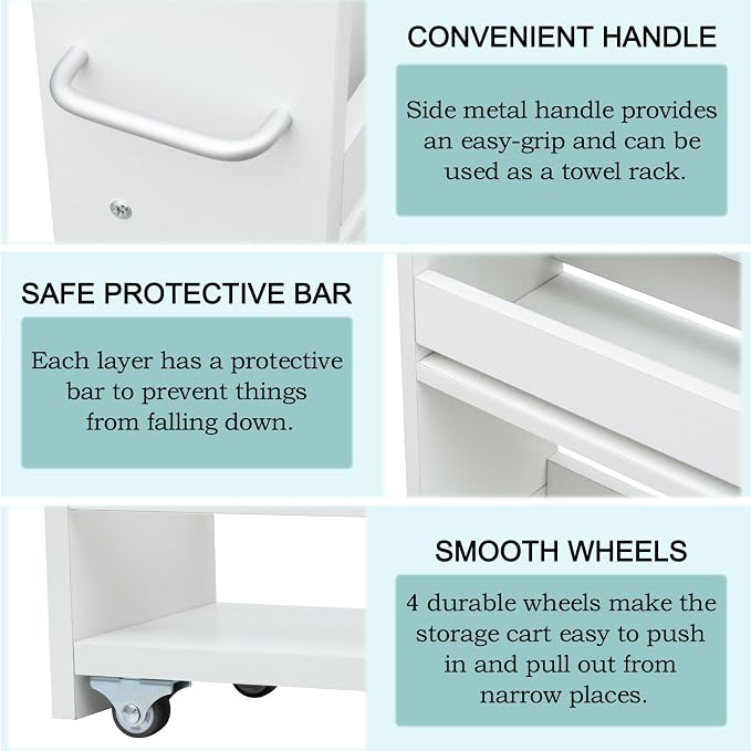 MARTY Slim Rolling Storage Cart 7.9" W Laundry Cart with Wheels,Brown+White | Narrow Utility Cart Between Washer and Dryer, 3 Tier Mobile Shelving Unit for Kitchen, Laundry, Bathroom, Office, Living Room - Image 7