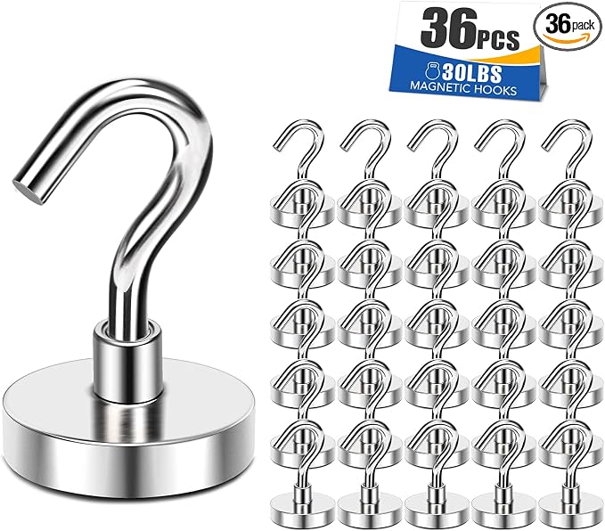 Magnetic Hooks 30lbs Strong Magnets Hook 36 Pack | Heavy Duty Extra Strong Cruise Hook for Hanging Industrial Metal Refrigerator Hooks for Cruise Cabins Fridge Kitchen Grill by MIKEDE