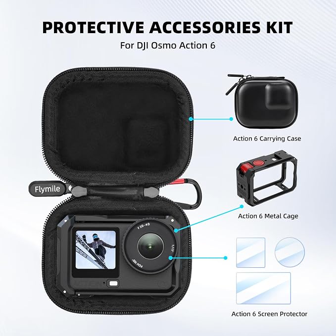 BRDRC Action 6 Camera Cage + Screen Protector+ Carrying Case (for Frame) Accessories Kit, Protective Metal Cage Portable PU Hard Bag Tempered Glass Lens Film for DJI Osmo Action 6 Protective Bundle - Image 2