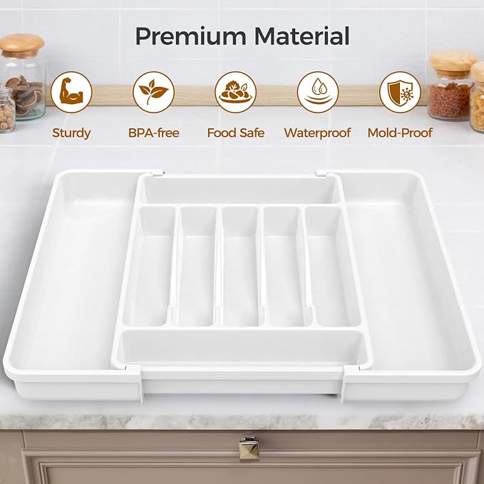 ukeetap Extra Large Expandable Silverware Organizer, Flatware Tray,White | BPA-Free Food-Safe Kitchen Utensil Cutlery Drawer Organizer, Adjustable Silverware Holder for Spoons Forks Knives - Image 4