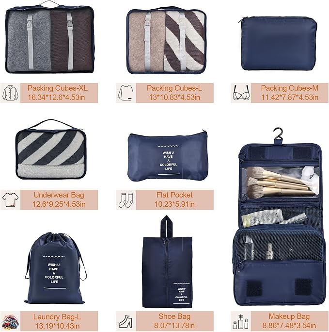 Packing Cubes for Travel, 8 Set Luggage Organizer Bags Travel Cubes for Packing Compression Luggage Cubes for Suitcase Carry on Travel Essentials with Laundry & Toiletry Bag（navy） - Image 2