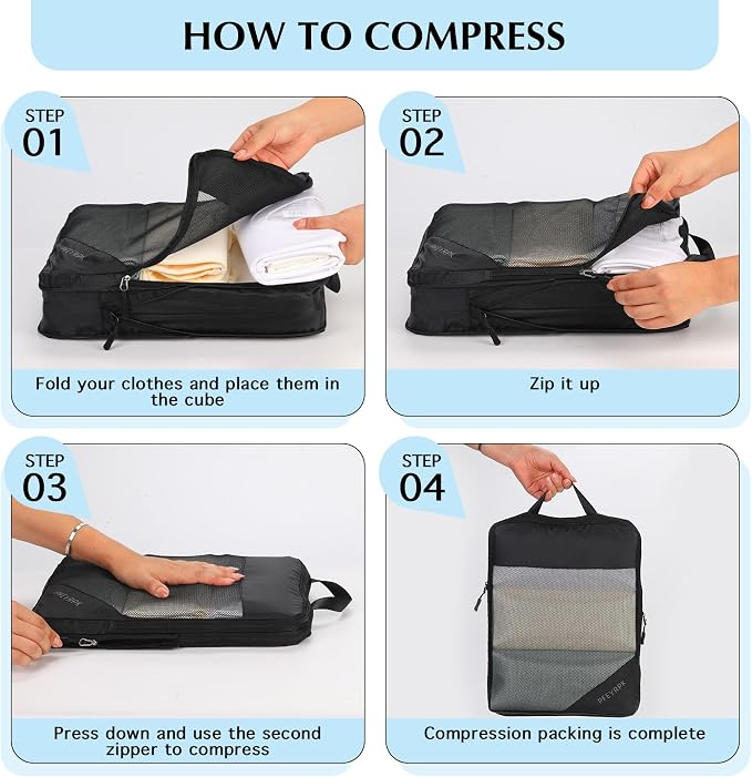 PFEYRPK Lightweight Compression Packing Cubes for Suitcases, Compressible Expandable Travel Packing Organizer with Clear Toiletries and Backpack Bag, Travel Essentials for Carry on Luggage 7 Set - Image 6