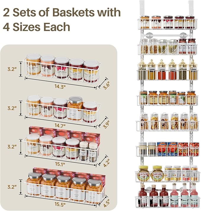 Delamu Adjustable Cabinet Door Organizer, 8-Tier Hanging Spice Rack Organizer, Metal Over the Door Pantry Organizer, Pantry Organizers and Storage Shelves for Kitchen Bathroom Laundry Room, White - Image 5