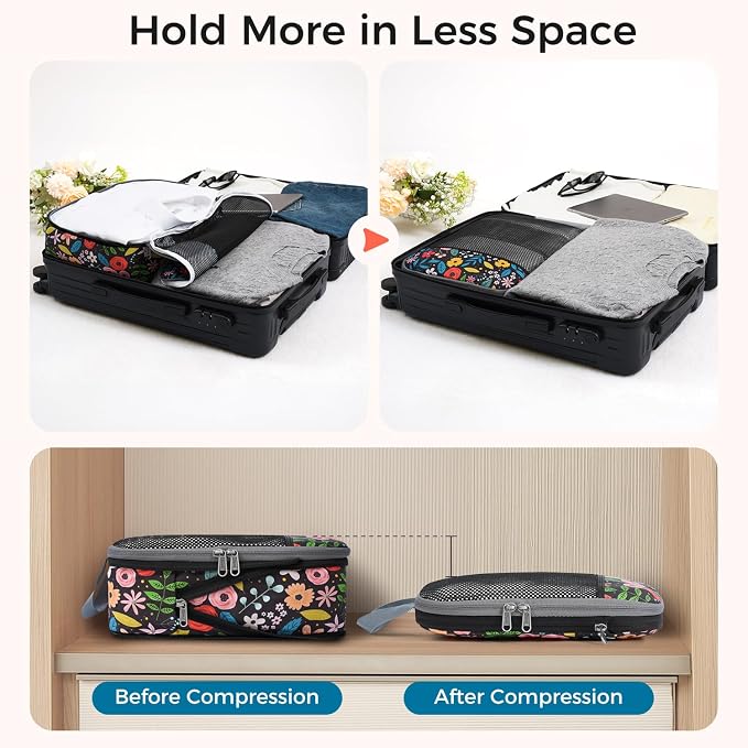 BAGAIL 4 Set/6 Set/8 Set Compression Packing Cubes Travel Accessories Expandable Packing Organizers (Half Mesh, 6-Black Floral) - Image 3